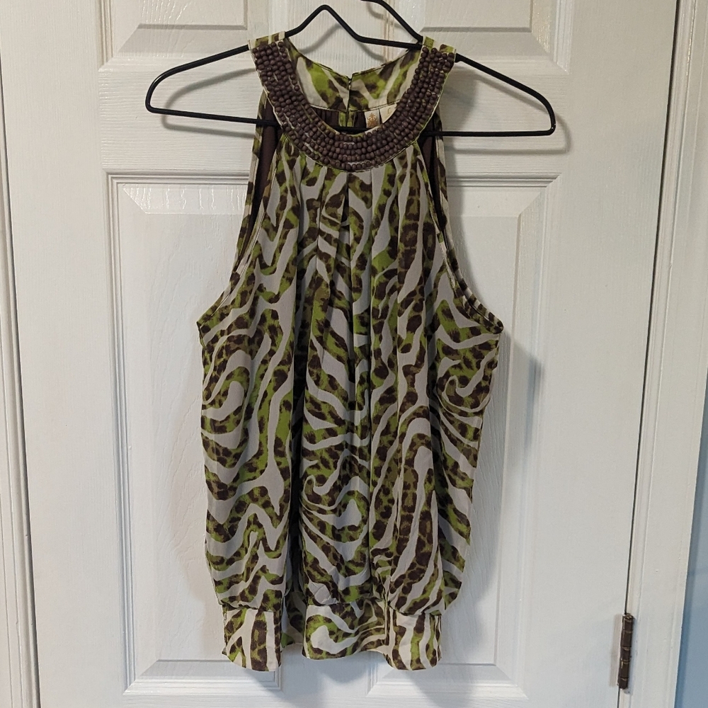 Adiva Women's Beaded Collar Animal Print Top Sz Large